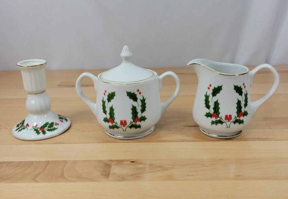 Christmas Holly White Sugar & Creamer and candlestick holder Japan Gold Trim vtg